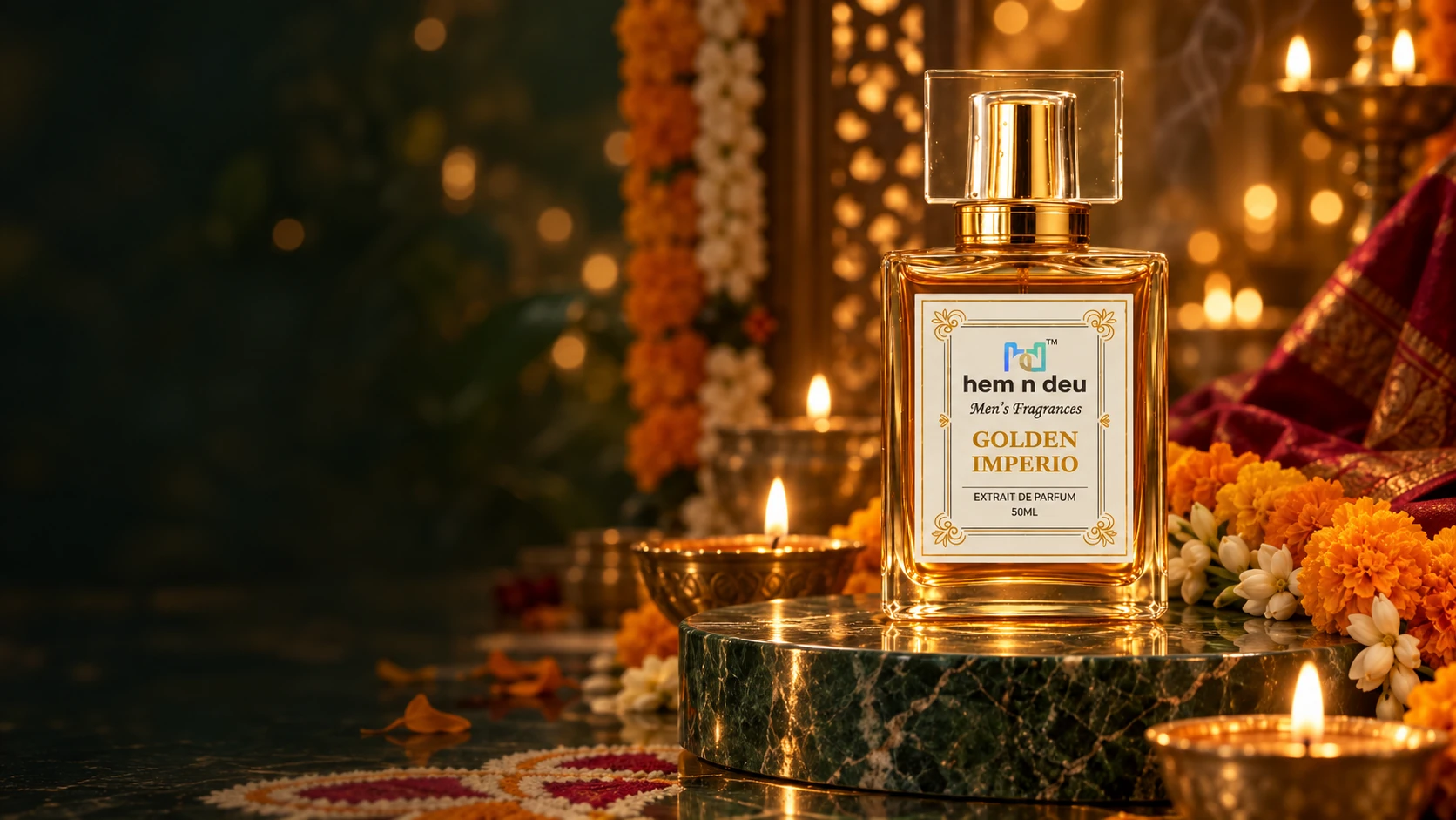 Golden Imperio perfume with hem n deu branding, diyas, jasmine and marigolds for an Indian festival celebration