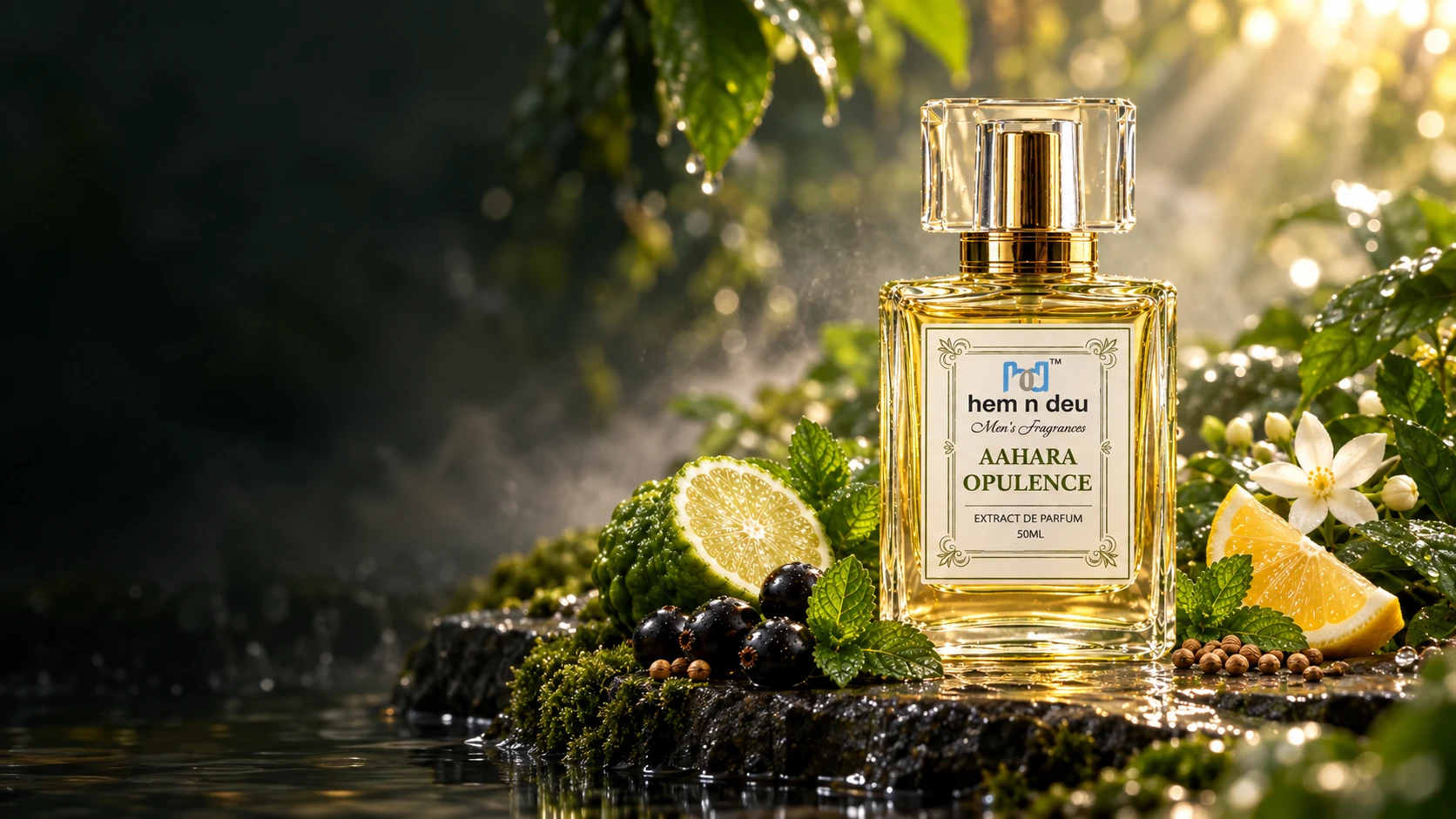 Aahara Opulence perfume with hem n deu branding among citrus, berries and fresh natural greenery
