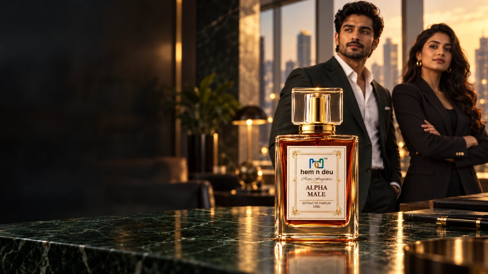 Alpha Male perfume with hem n deu branding alongside Indian business professionals